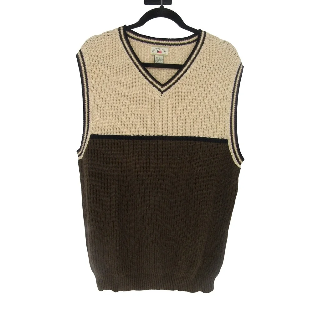 County Seat Sweater Vest Mens Large Brown Tan Colorblock Ribbed‎ Knit Vintage